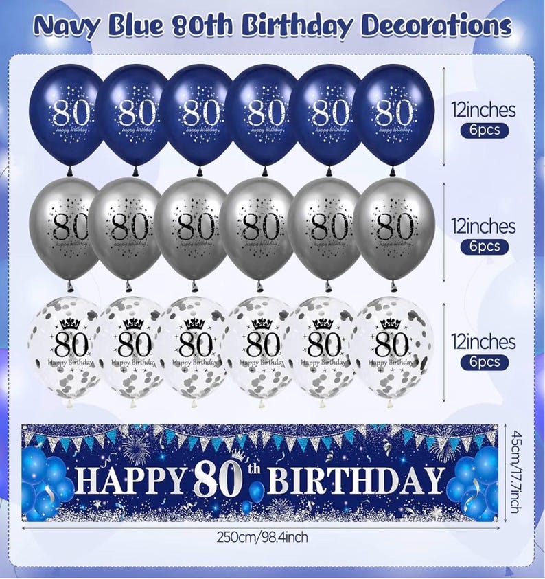 Blue 80th Birthday Decorations for Men Women, Navy Blue Silver Happy 80th Birthday Yard Banner and Balloons for Men Women 80 Years Old Party