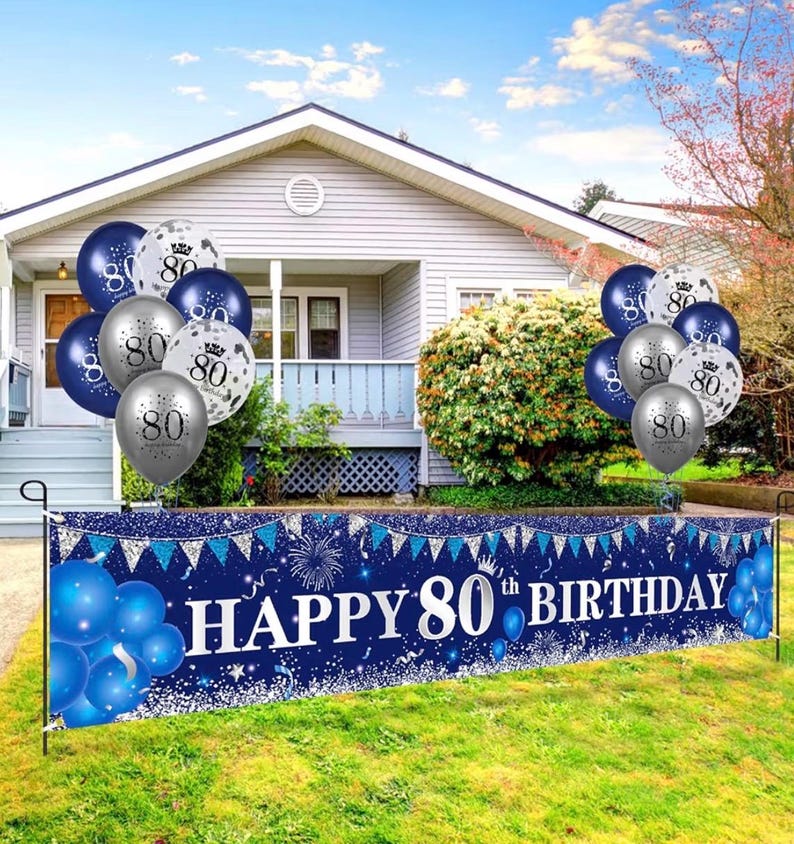Blue 80th Birthday Decorations for Men Women, Navy Blue Silver Happy 80th Birthday Yard Banner and Balloons for Men Women 80 Years Old Party