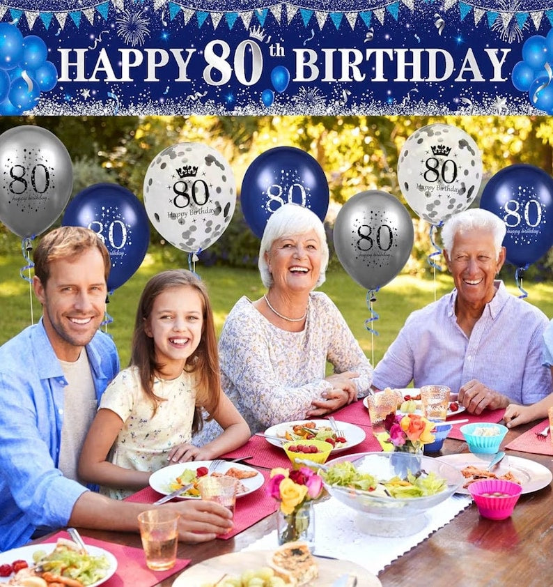 Blue 80th Birthday Decorations for Men Women, Navy Blue Silver Happy 80th Birthday Yard Banner and Balloons for Men Women 80 Years Old Party