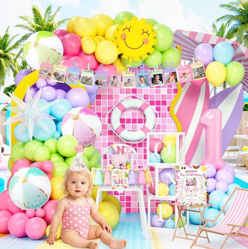Fun to Be One Birthday Decorations, Pink Beach 1st Birthday Supplies with Backdrop, Balloon Garland, Boxes, Cake Topper for Girls Summer
