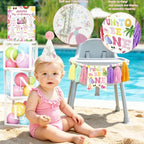 Fun to Be One Birthday Decorations, Pink Beach 1st Birthday Supplies with Backdrop, Balloon Garland, Boxes, Cake Topper for Girls Summer