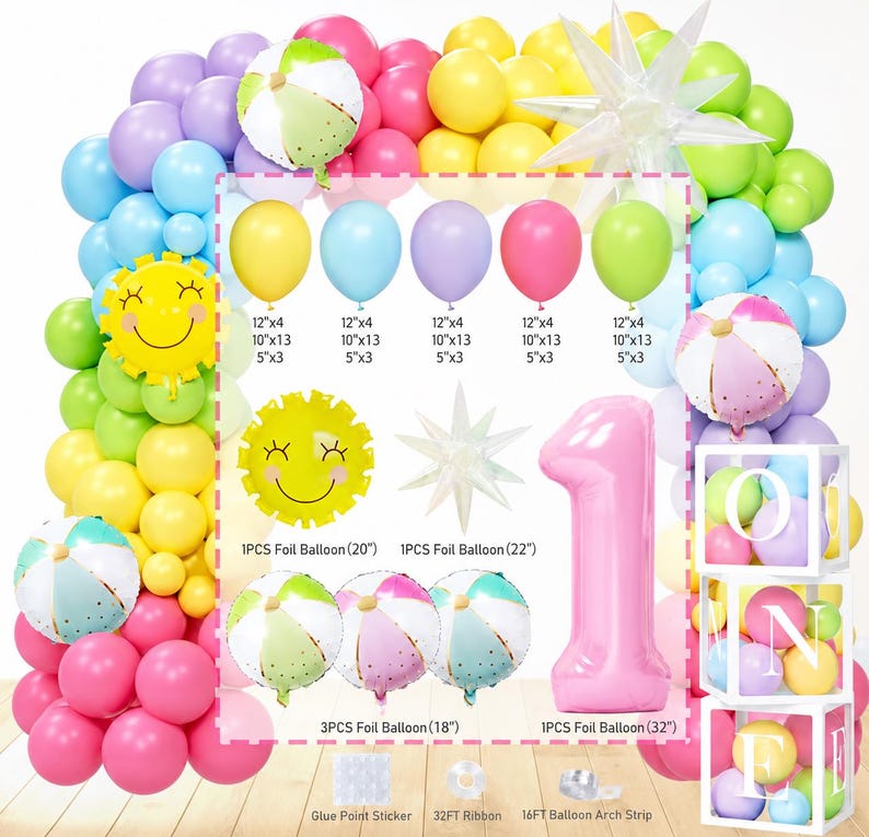 Fun to Be One Birthday Decorations, Pink Beach 1st Birthday Supplies with Backdrop, Balloon Garland, Boxes, Cake Topper for Girls Summer
