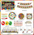197 Pcs Building Blocks Birthday Party Set with Backdrop, Tablecloth, Banner, Brick Cake & Cupcake Toppers - Complete Building Block Party