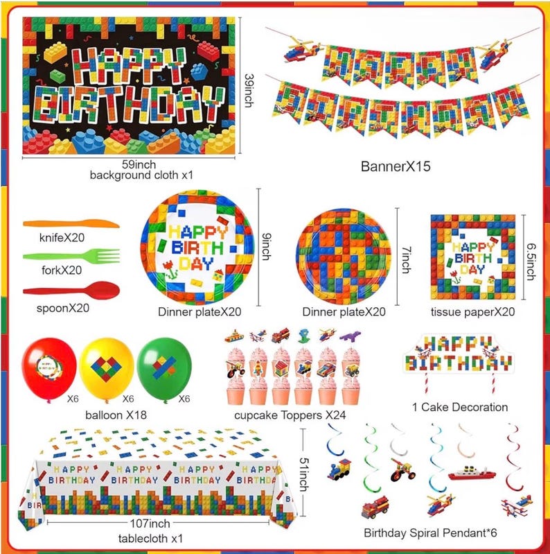 197 Pcs Building Blocks Birthday Party Set with Backdrop, Tablecloth, Banner, Brick Cake & Cupcake Toppers - Complete Building Block Party