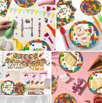 197 Pcs Building Blocks Birthday Party Set with Backdrop, Tablecloth, Banner, Brick Cake & Cupcake Toppers - Complete Building Block Party