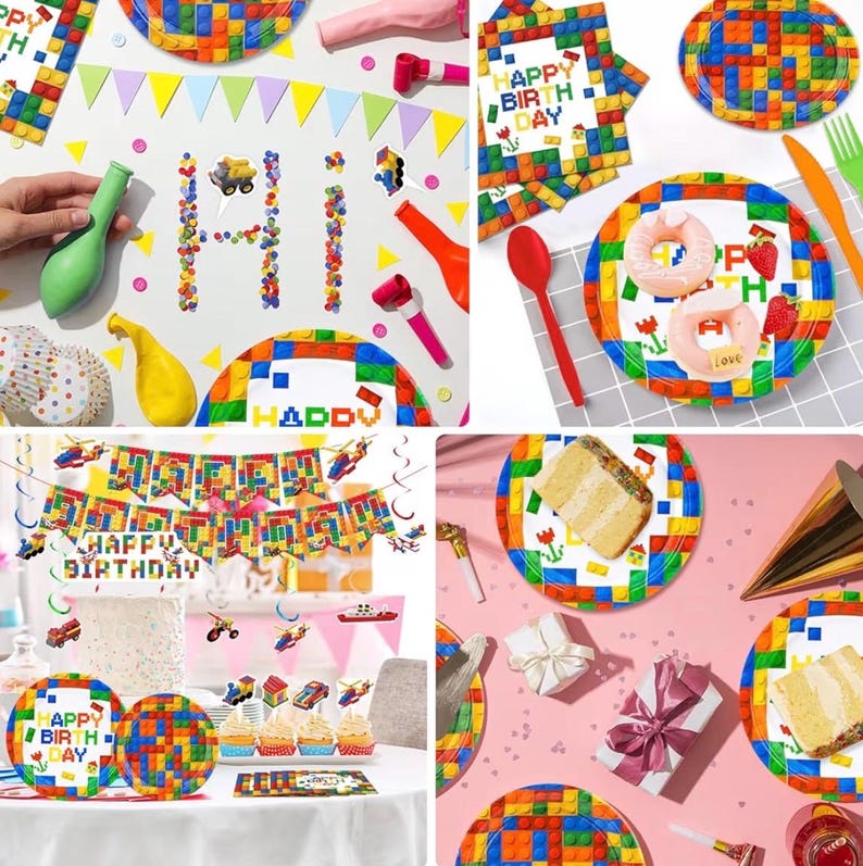 197 Pcs Building Blocks Birthday Party Set with Backdrop, Tablecloth, Banner, Brick Cake & Cupcake Toppers - Complete Building Block Party