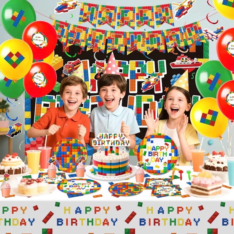 197 Pcs Building Blocks Birthday Party Set with Backdrop, Tablecloth, Banner, Brick Cake & Cupcake Toppers - Complete Building Block Party