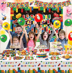 197 Pcs Building Blocks Birthday Party Set with Backdrop, Tablecloth, Banner, Brick Cake & Cupcake Toppers - Complete Building Block Party