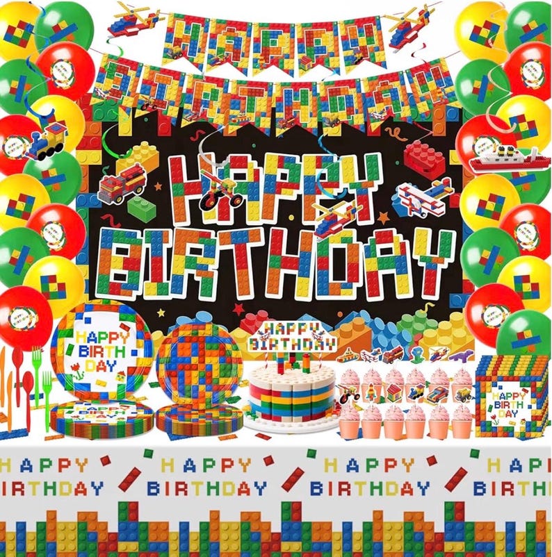 197 Pcs Building Blocks Birthday Party Set with Backdrop, Tablecloth, Banner, Brick Cake & Cupcake Toppers - Complete Building Block Party