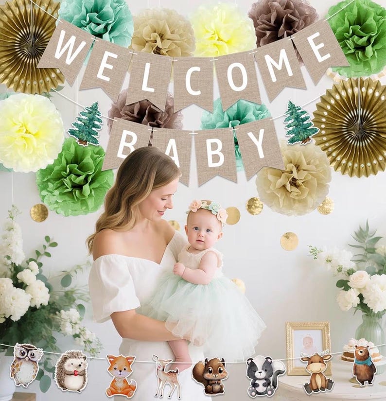 Woodland Baby Shower Decorations 14 Pcs Baby Shower Decorations with Welcome Baby Banners Paper Lantern Paper Flower Pom Poms Indoor & Outdo