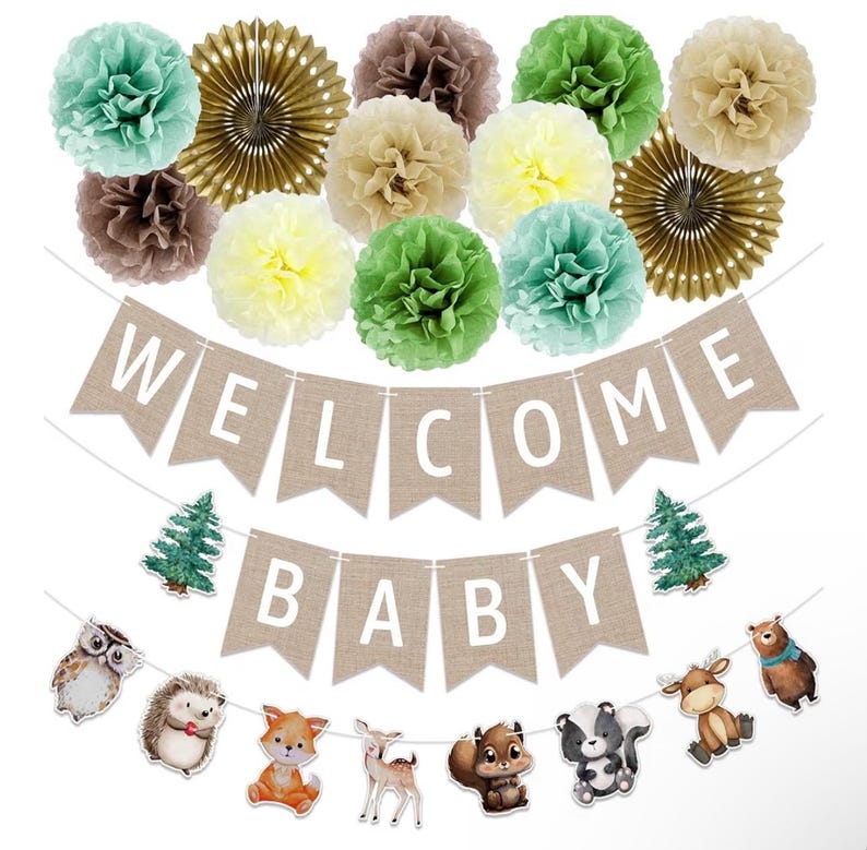 Woodland Baby Shower Decorations 14 Pcs Baby Shower Decorations with Welcome Baby Banners Paper Lantern Paper Flower Pom Poms Indoor & Outdo
