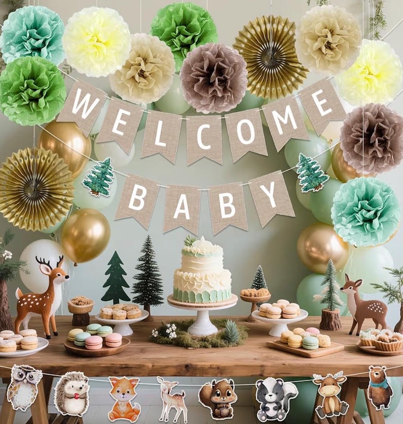 Woodland Baby Shower Decorations 14 Pcs Baby Shower Decorations with Welcome Baby Banners Paper Lantern Paper Flower Pom Poms Indoor & Outdo