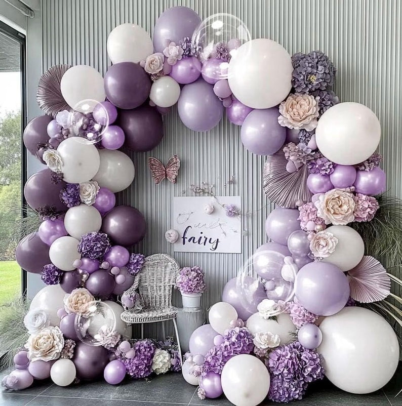 Purple White Balloon Garland Double Stuffed Light White Lilac Balloons Pearl Balloon Arch Kit For Lavender Fairy Birthday Baby Shower Weddin
