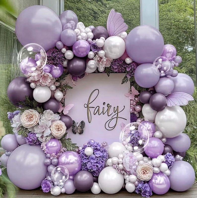 Purple White Balloon Garland Double Stuffed Light White Lilac Balloons Pearl Balloon Arch Kit For Lavender Fairy Birthday Baby Shower Weddin