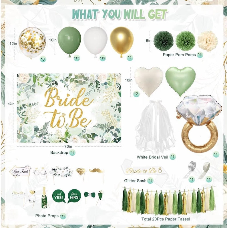 Bridal Shower Decorations, Sage Green Bachelorette Party Decorations Bride to Be Banner Backdrop Sash Veil Confetti Foil Balloons Tassel