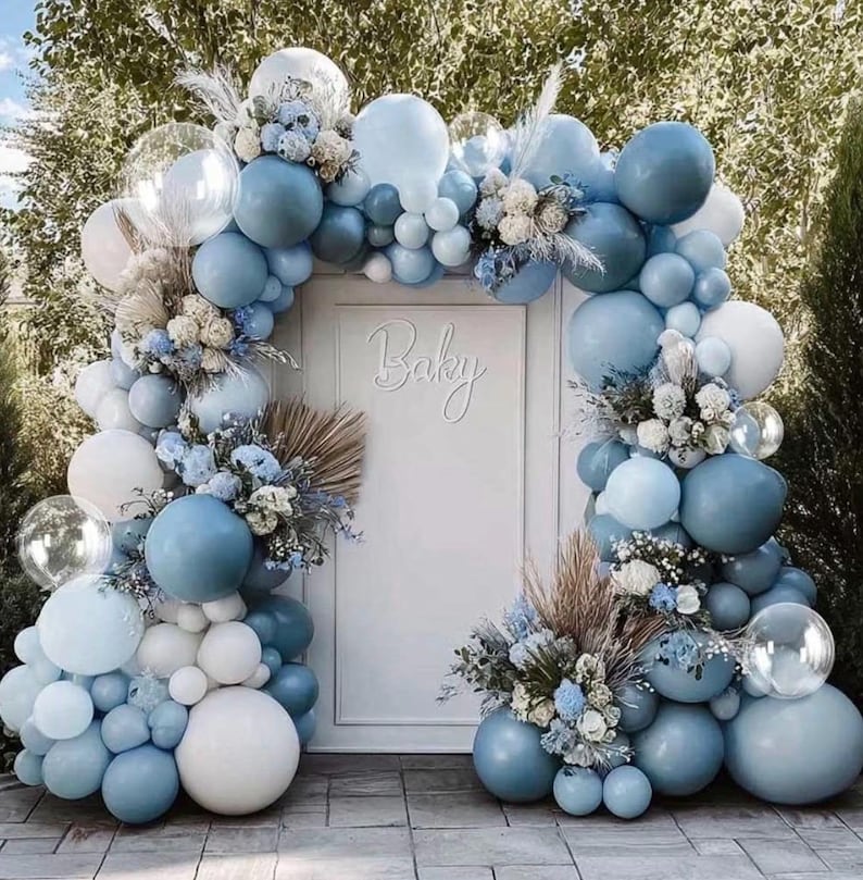 Dusty Blue White Balloon Arch - Double Stuffed Pastel Slate Baby Blue Matte White Latex Balloon Garland Kit for Wedding Baby Shower Birthday