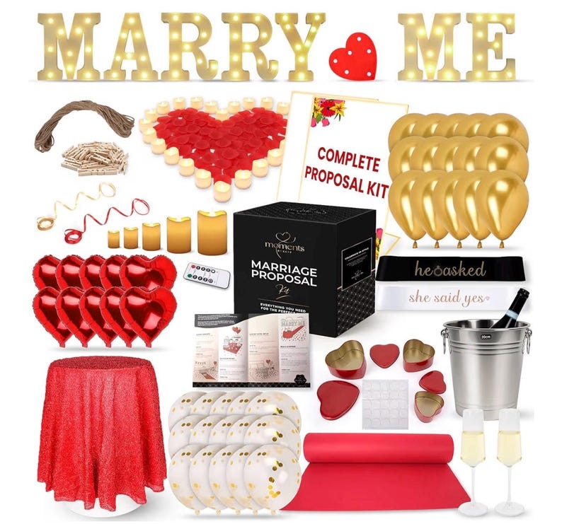 Marry Me Proposal Kit, Complete Engagement Decorations Set with LED Marquee Letters, Flameless Candles, Rose Petals, Red Carpet, Balloons