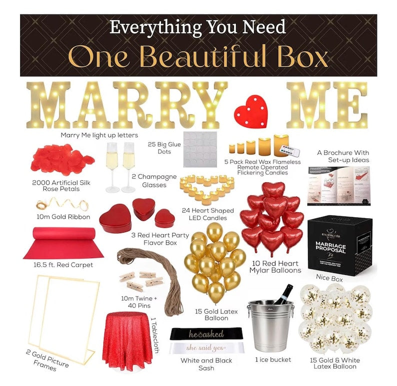 Marry Me Proposal Kit, Complete Engagement Decorations Set with LED Marquee Letters, Flameless Candles, Rose Petals, Red Carpet, Balloons