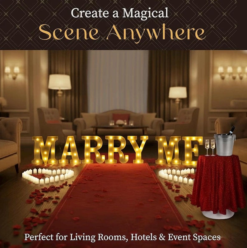 Marry Me Proposal Kit, Complete Engagement Decorations Set with LED Marquee Letters, Flameless Candles, Rose Petals, Red Carpet, Balloons