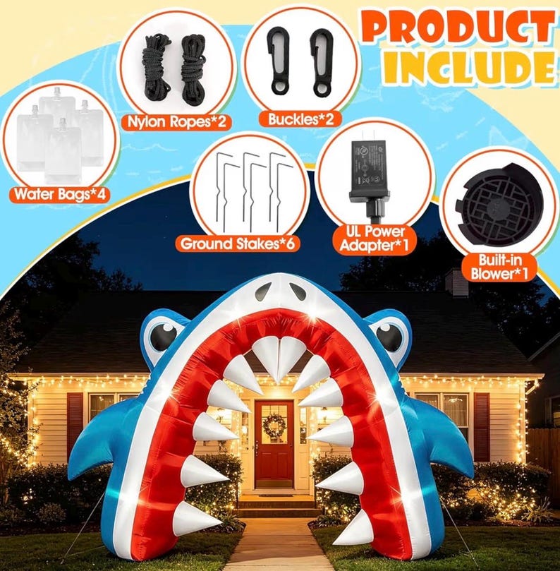 13×8 FT Summer Shark Inflatable Arch Decoration, Giant Outdoor Ocean Theme Blow Up with Built-in 6 LED Lights and 1 Blower for Summer Yard
