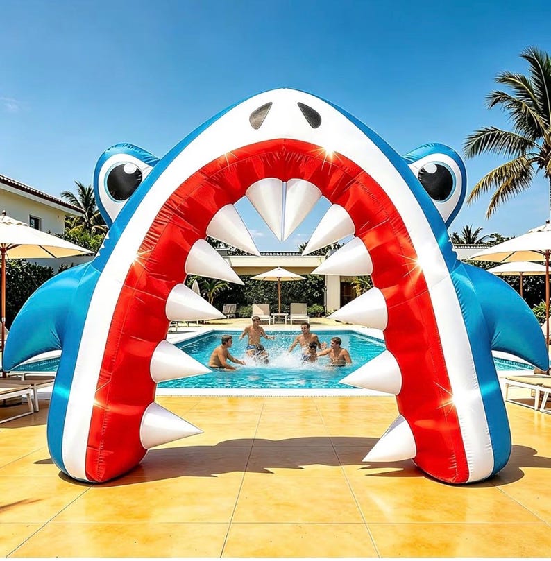 13×8 FT Summer Shark Inflatable Arch Decoration, Giant Outdoor Ocean Theme Blow Up with Built-in 6 LED Lights and 1 Blower for Summer Yard