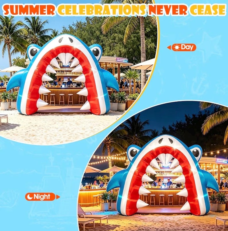 13×8 FT Summer Shark Inflatable Arch Decoration, Giant Outdoor Ocean Theme Blow Up with Built-in 6 LED Lights and 1 Blower for Summer Yard