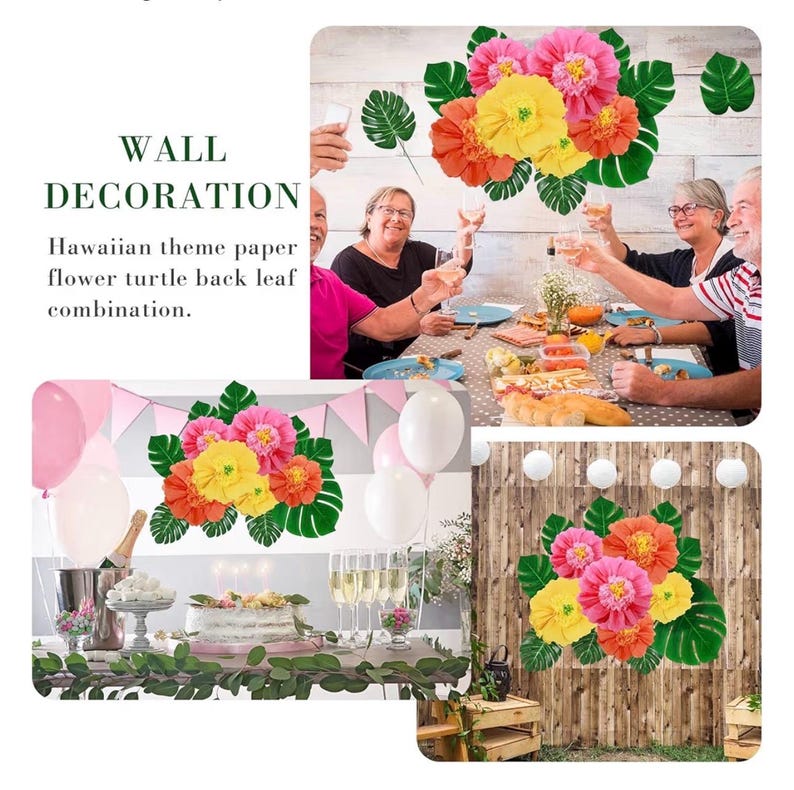 40 Pack Tropical Party Decorations Supplies Large Tissue Paper Hibiscus Flowers Faux Palm Leaves Set for Hawaiian Luau,Safari,Mexican Fiesta