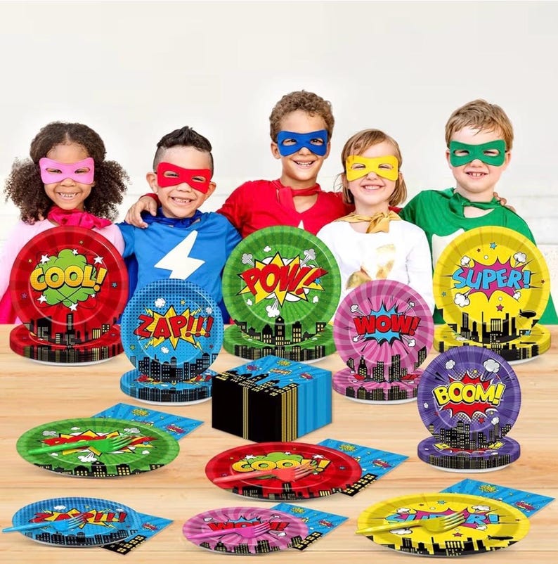 96Pcs Super Theme Hero Party Plates and Napkins Forks for Comic Heroes Birthday Decorations Hero's Action Sign Cityscape Buildings Tableware