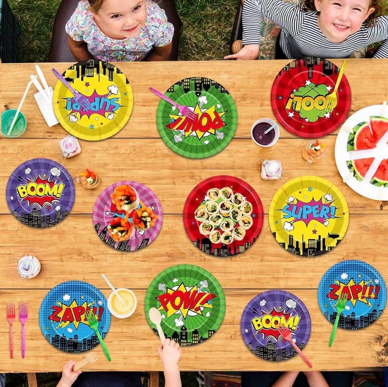 96Pcs Super Theme Hero Party Plates and Napkins Forks for Comic Heroes Birthday Decorations Hero's Action Sign Cityscape Buildings Tableware