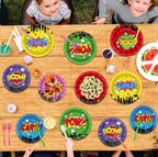 96Pcs Super Theme Hero Party Plates and Napkins Forks for Comic Heroes Birthday Decorations Hero's Action Sign Cityscape Buildings Tableware