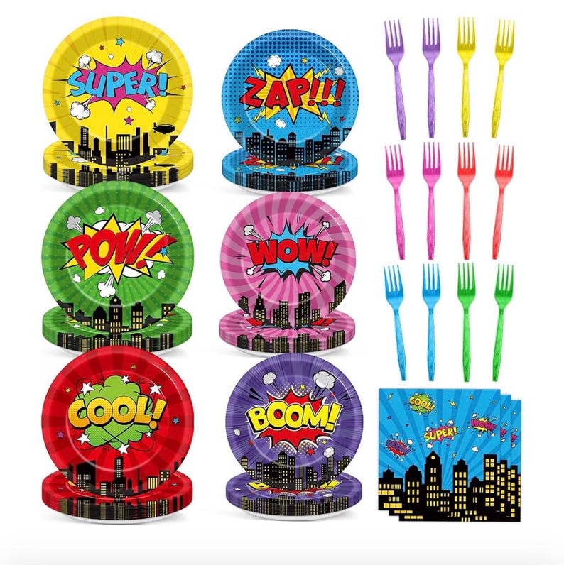96Pcs Super Theme Hero Party Plates and Napkins Forks for Comic Heroes Birthday Decorations Hero's Action Sign Cityscape Buildings Tableware