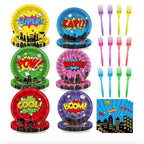 96Pcs Super Theme Hero Party Plates and Napkins Forks for Comic Heroes Birthday Decorations Hero's Action Sign Cityscape Buildings Tableware