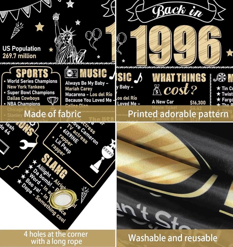 Large 30th Birthday Banner Backdrop Decorations for Men Women, Black Gold Back in 1996 Happy 30 Bday Sign Party Supplies, Thirty Birthday