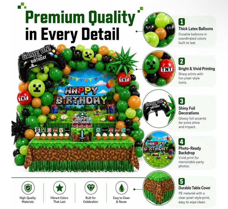 Pixel Game Birthday Party Decorations, “Game On” Pixel Theme Party Supplies Kit for Boys & Girls —131 Pcs Balloons, Backdrop, Curtain