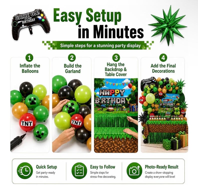 Pixel Game Birthday Party Decorations, “Game On” Pixel Theme Party Supplies Kit for Boys & Girls —131 Pcs Balloons, Backdrop, Curtain