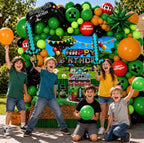 Pixel Game Birthday Party Decorations, “Game On” Pixel Theme Party Supplies Kit for Boys & Girls —131 Pcs Balloons, Backdrop, Curtain