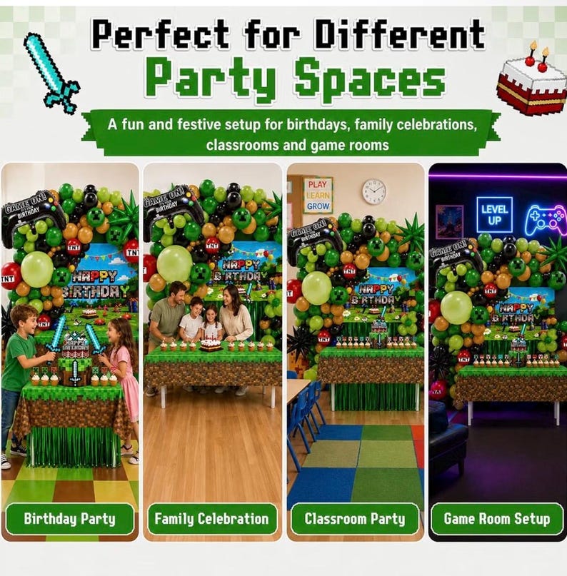Pixel Game Birthday Party Decorations, “Game On” Pixel Theme Party Supplies Kit for Boys & Girls —131 Pcs Balloons, Backdrop, Curtain