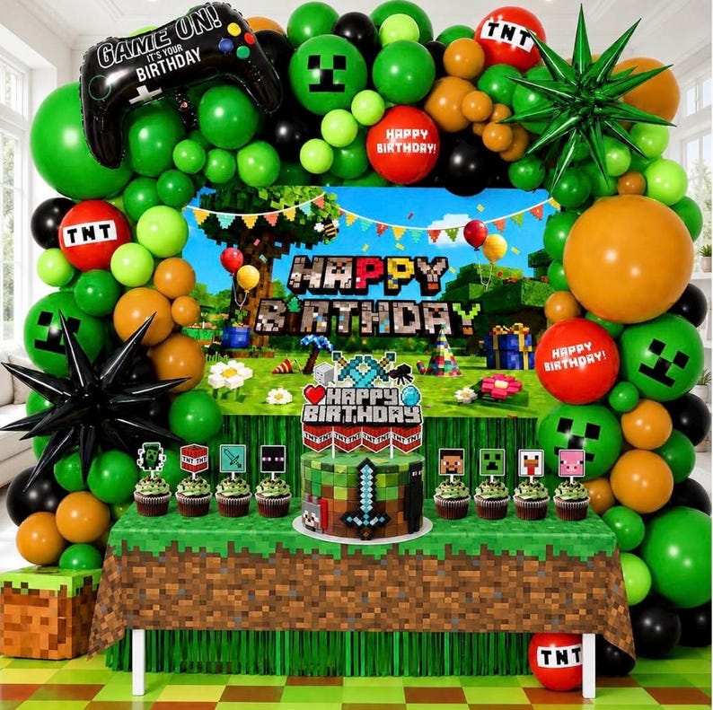 Pixel Game Birthday Party Decorations, “Game On” Pixel Theme Party Supplies Kit for Boys & Girls —131 Pcs Balloons, Backdrop, Curtain