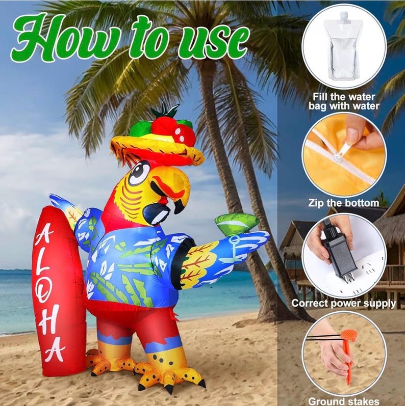 6.56x7.55ft Inflatable Parrot Decorations Tiki Inflatable Flying Parrot with LED Lights Aloha Jungle Animals Luau Hawaiian Tropical Party