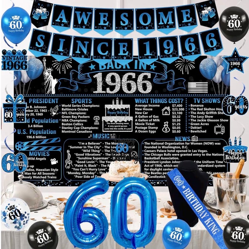 Back in 1966 Birthday Decorations for Men, 20PCS Black Blue 60th Birthday Party Supplies, Blue Back in 1966 Poster Banner, Sash, 60 Year Old