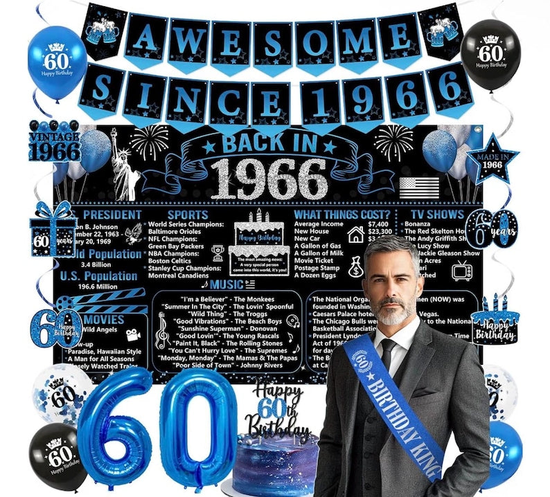 Back in 1966 Birthday Decorations for Men, 20PCS Black Blue 60th Birthday Party Supplies, Blue Back in 1966 Poster Banner, Sash, 60 Year Old