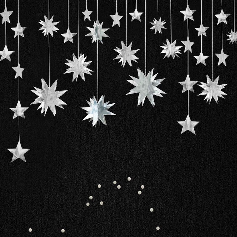 Silver Star Garland Party Decorations Kit 3D Stars Metallic Bunting Banner for Holiday Xmas Birthday Wedding Baby Shower Hanging Decorations