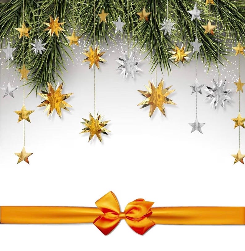 Silver Star Garland Party Decorations Kit 3D Stars Metallic Bunting Banner for Holiday Xmas Birthday Wedding Baby Shower Hanging Decorations