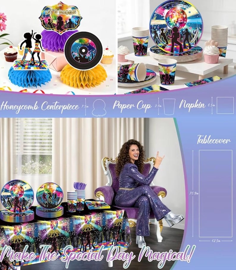 301pcs Disco Party Decorations for 70s, All-in-one 70s Party Decorations for 25 Guests, with No-DIY Banner Thick Plates and Disco Balloon