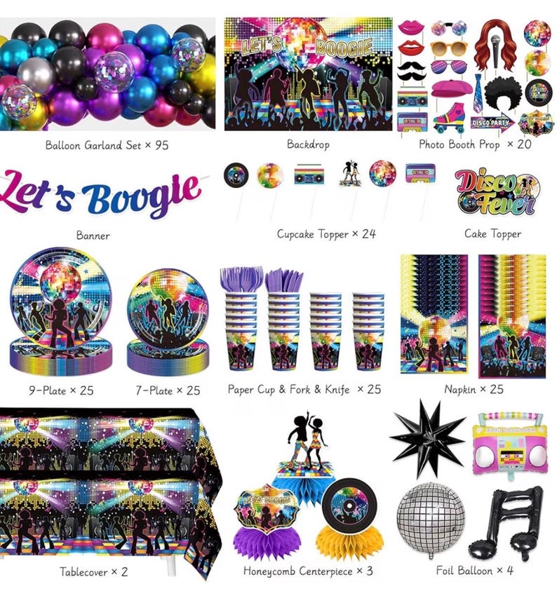 301pcs Disco Party Decorations for 70s, All-in-one 70s Party Decorations for 25 Guests, with No-DIY Banner Thick Plates and Disco Balloon