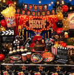 Movie Night Party Decorations,Movie Themed Party Supplies with Napkins Plates Cups Tablecloth,Now Showing Banner Backdrop for Birthday