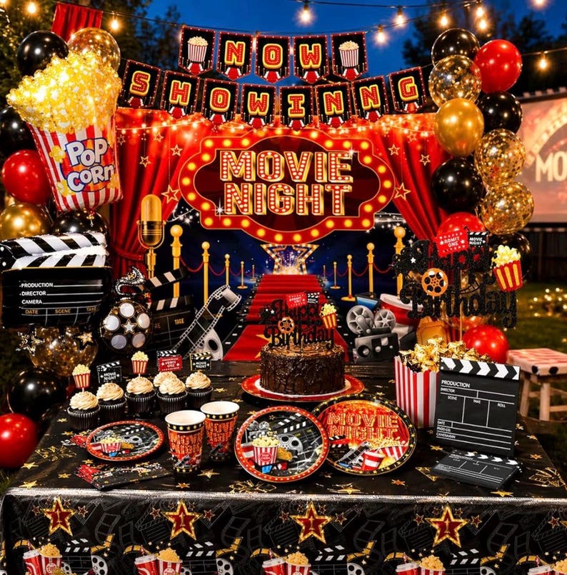 Movie Night Party Decorations,Movie Themed Party Supplies with Napkins Plates Cups Tablecloth,Now Showing Banner Backdrop for Birthday