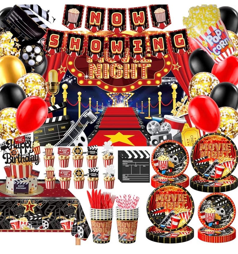 Movie Night Party Decorations,Movie Themed Party Supplies with Napkins Plates Cups Tablecloth,Now Showing Banner Backdrop for Birthday