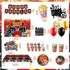 Movie Night Party Decorations,Movie Themed Party Supplies with Napkins Plates Cups Tablecloth,Now Showing Banner Backdrop for Birthday