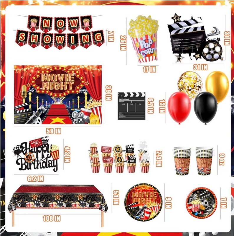 Movie Night Party Decorations,Movie Themed Party Supplies with Napkins Plates Cups Tablecloth,Now Showing Banner Backdrop for Birthday